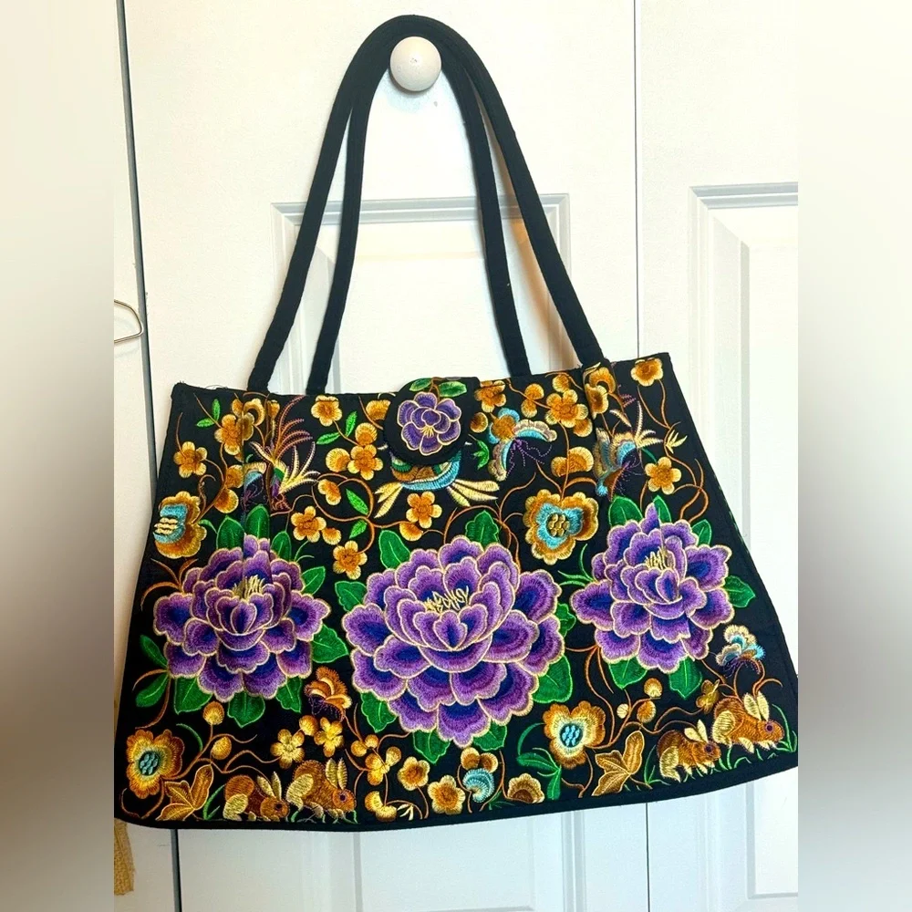 Tote with embroidered purple flowers